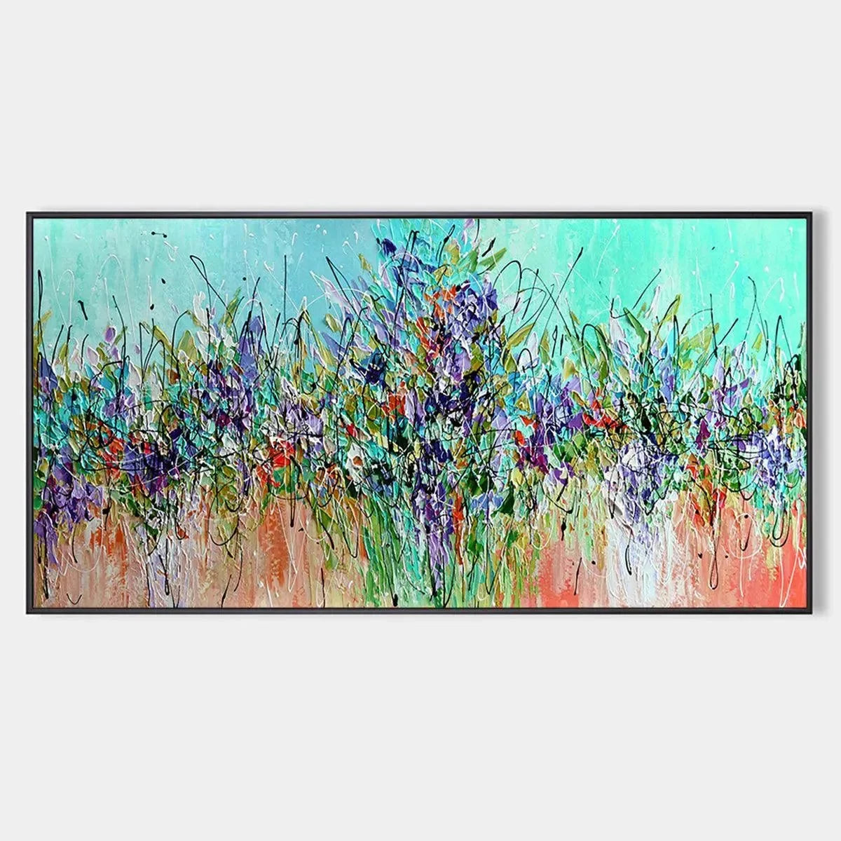 LILAC MEADOW: Panoramic Floral Impasto Oil Painting | hanging in living room, Abstract wall art