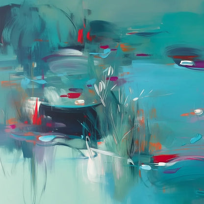 LILAC REVERIE: Modern Abstract Waterscape Painting in Teal and Red | rectangular format, hand-painted canvas edge