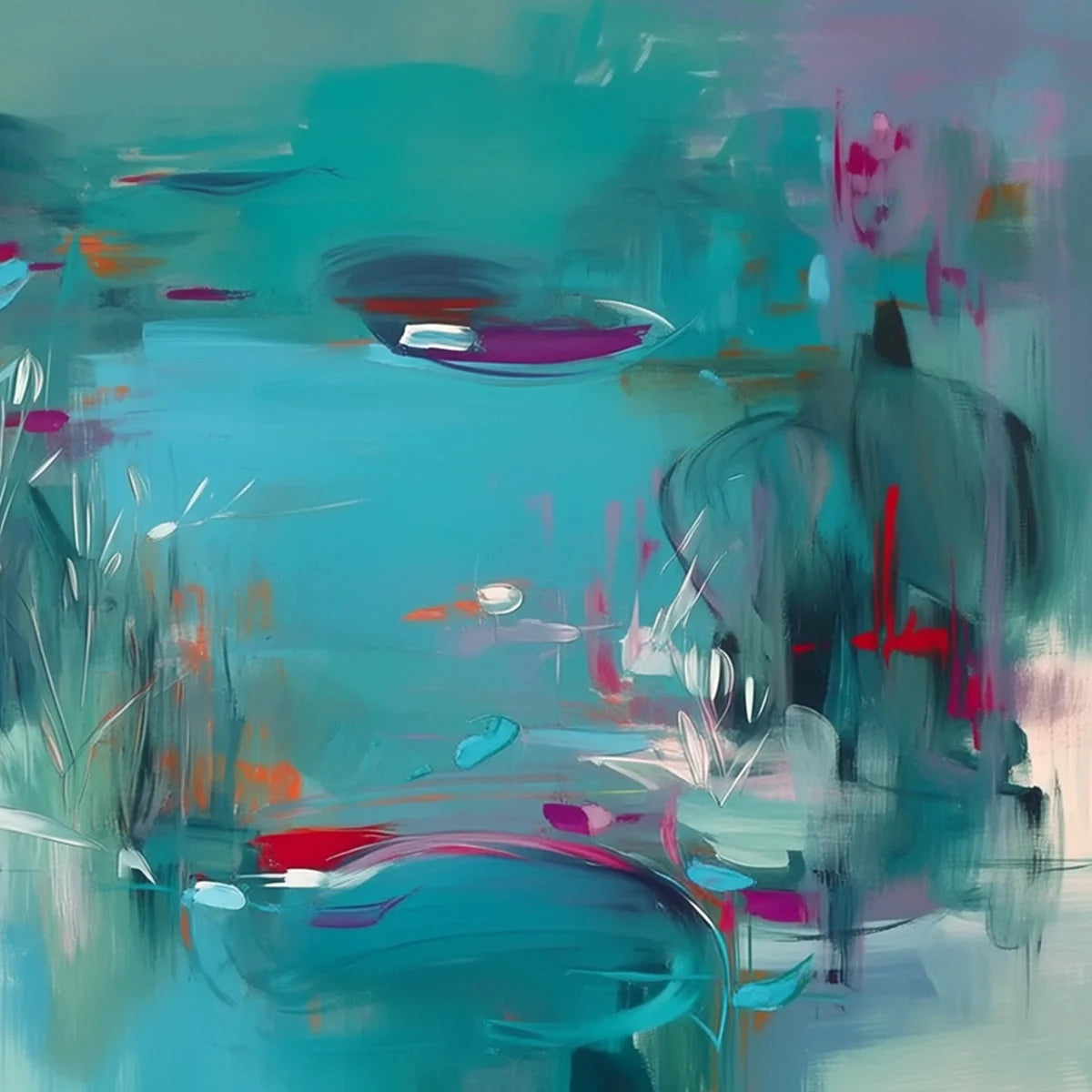 LILAC REVERIE: Modern Abstract Waterscape Painting in Teal and Red | rolled canvas, ready for custom framing