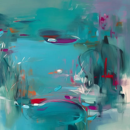 LILAC REVERIE: Modern Abstract Waterscape Painting in Teal and Red | rolled canvas, ready for custom framing