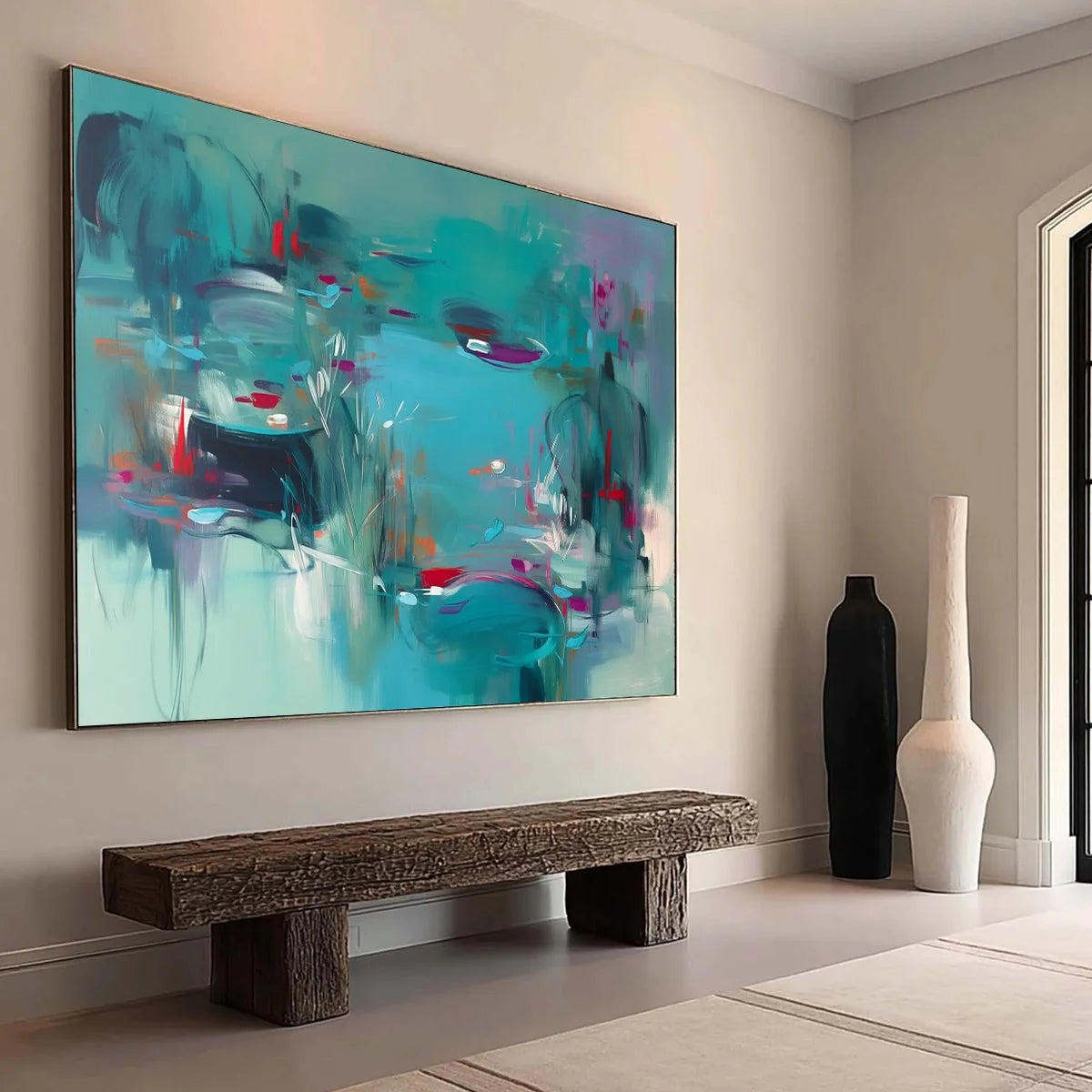 LILAC REVERIE: Modern Abstract Waterscape Painting in Teal and Red | Abstract mood, soft natural light studio shot