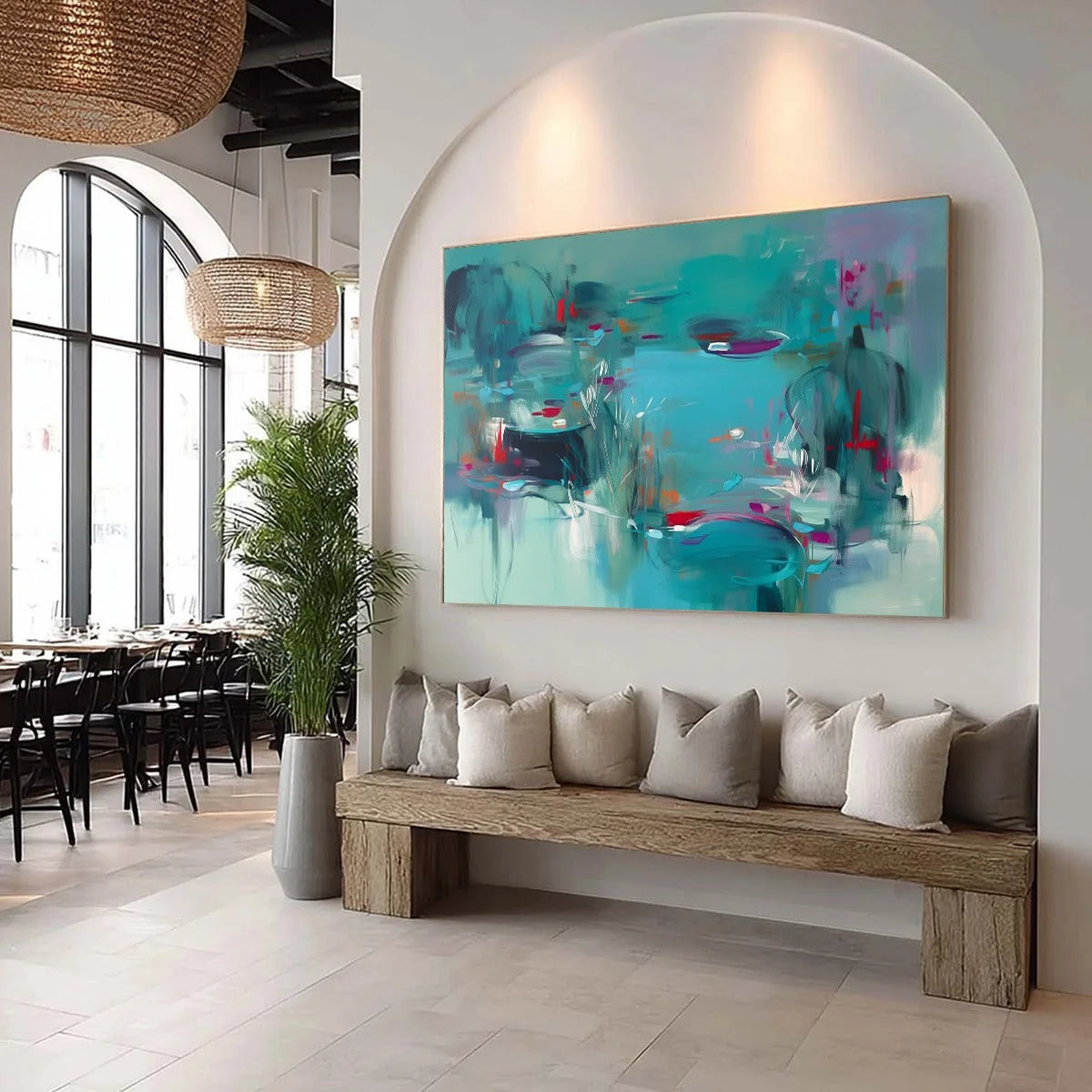 LILAC REVERIE: Modern Abstract Waterscape Painting in Teal and Red | green palette, original oil on stretched canvas art