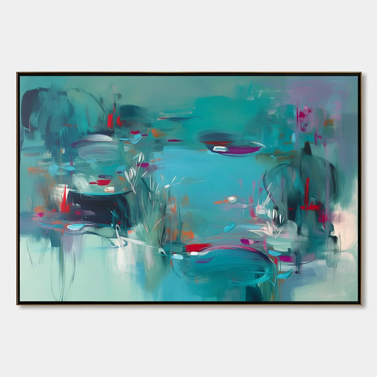 LILAC REVERIE: Modern Abstract Waterscape Painting in Teal and Red | hanging in living room, Abstract wall art