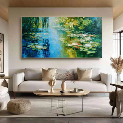 LILY POND REVERIE: Textured Impressionist Water Lilies Oil Painting | gold frame stretched on neutral wall