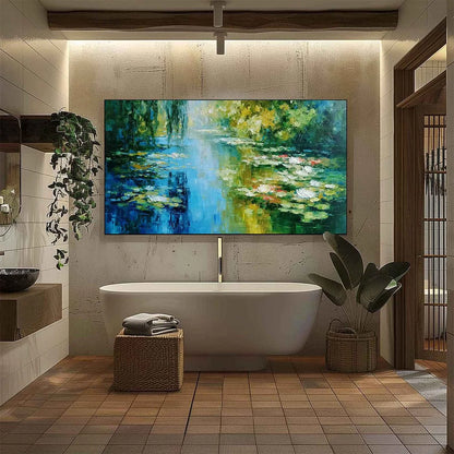 LILY POND REVERIE: Textured Impressionist Water Lilies Oil Painting | black frame version on white wall
