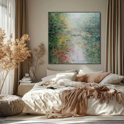 LILY POND REVERIE: Square Impressionist Water Lily Pond Oil Painting | gold frame stretched on neutral wall