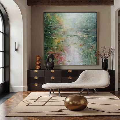 LILY POND REVERIE: Square Impressionist Water Lily Pond Oil Painting | black frame version on white wall
