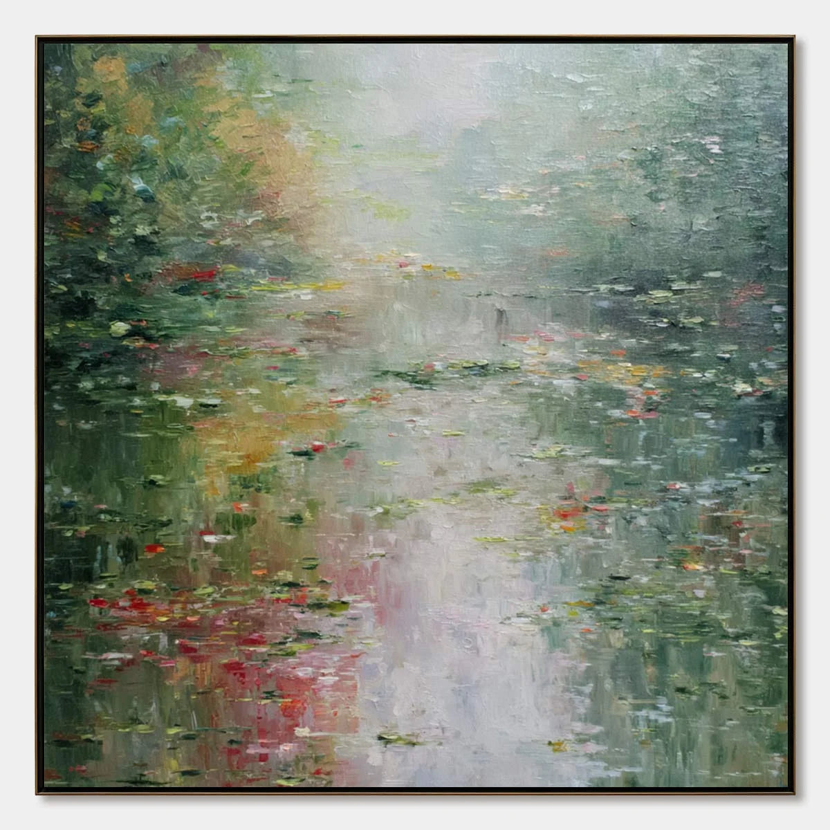 LILY POND REVERIE: Square Impressionist Water Lily Pond Oil Painting | hanging in living room, Impressionist wall art