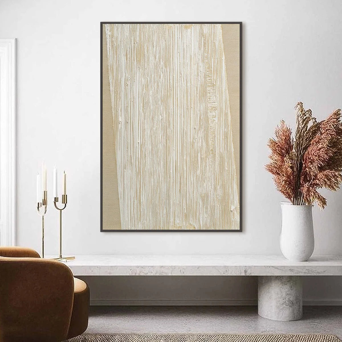 LINEAR CALM: Textured Minimalist Abstract Painting in Beige | Minimalist closeup, raised brushwork detail