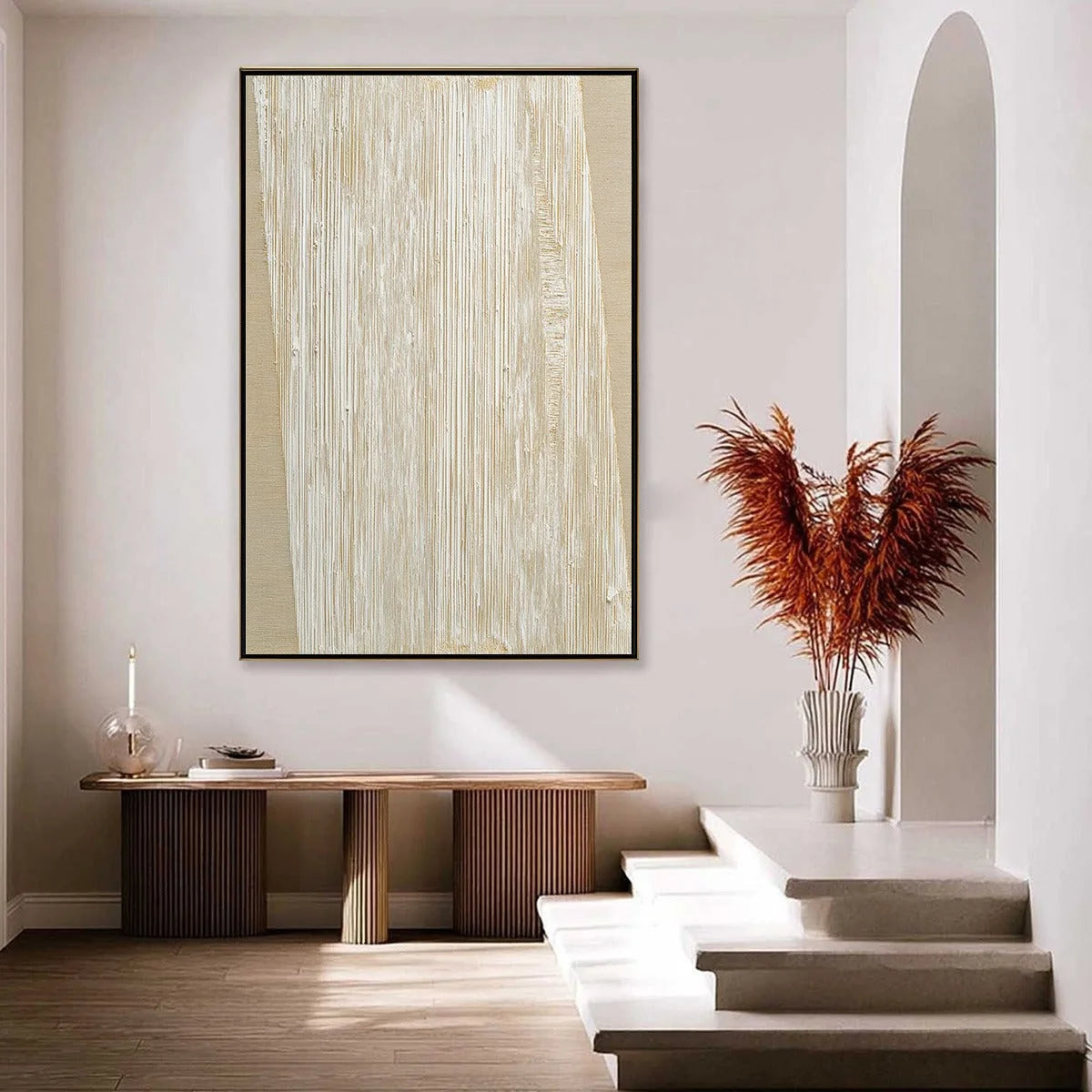 LINEAR CALM: Textured Minimalist Abstract Painting in Beige | gold frame stretched on neutral wall