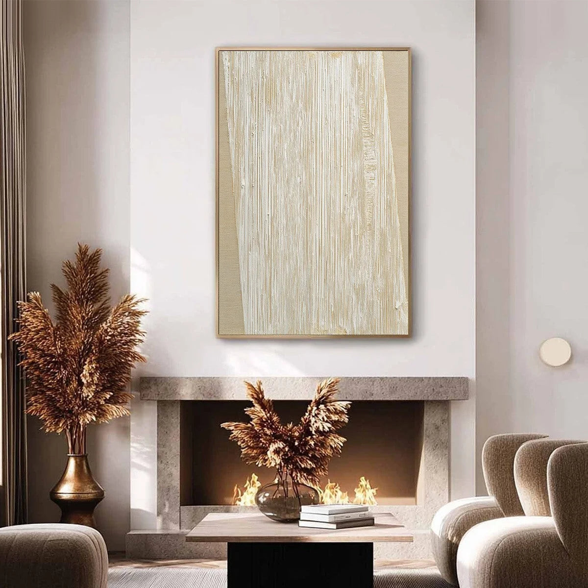 LINEAR CALM: Textured Minimalist Abstract Painting in Beige | black frame version on white wall