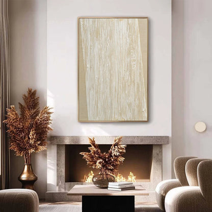 LINEAR CALM: Textured Minimalist Abstract Painting in Beige | black frame version on white wall