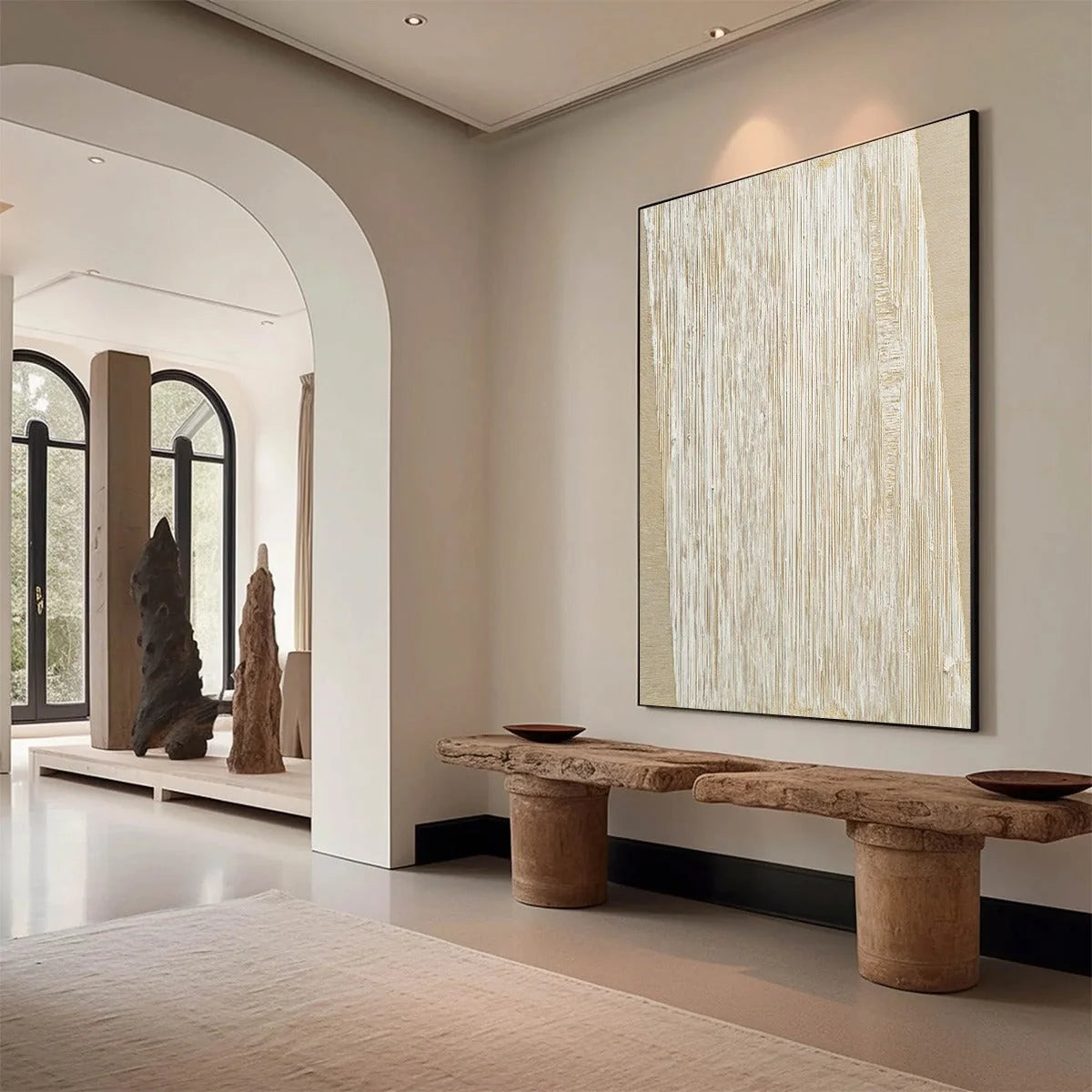 LINEAR CALM: Textured Minimalist Abstract Painting in Beige | Minimalist mood, soft natural light studio shot