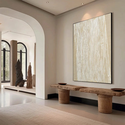 LINEAR CALM: Textured Minimalist Abstract Painting in Beige | Minimalist mood, soft natural light studio shot