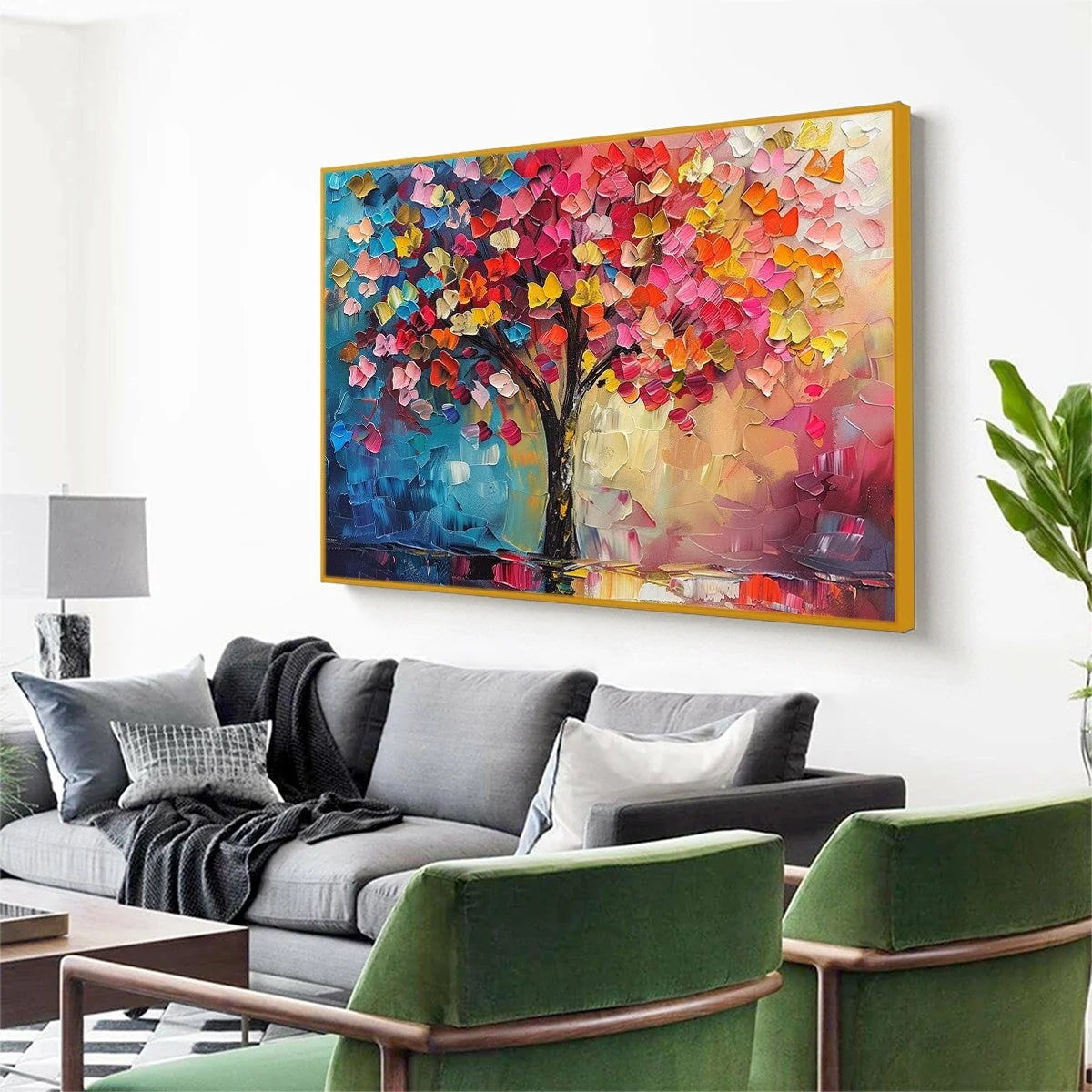 LIVING RAINBOW: Textured Impasto Tree of Life Oil Painting | gold frame stretched on neutral wall