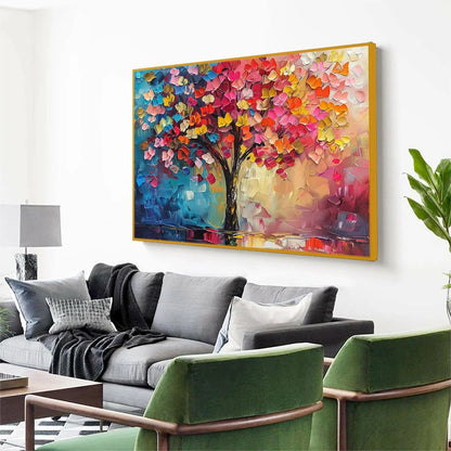 LIVING RAINBOW: Textured Impasto Tree of Life Oil Painting | gold frame stretched on neutral wall