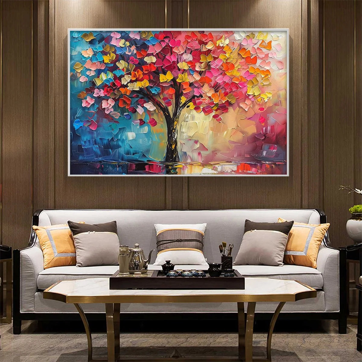 LIVING RAINBOW: Textured Impasto Tree of Life Oil Painting | black frame version on white wall