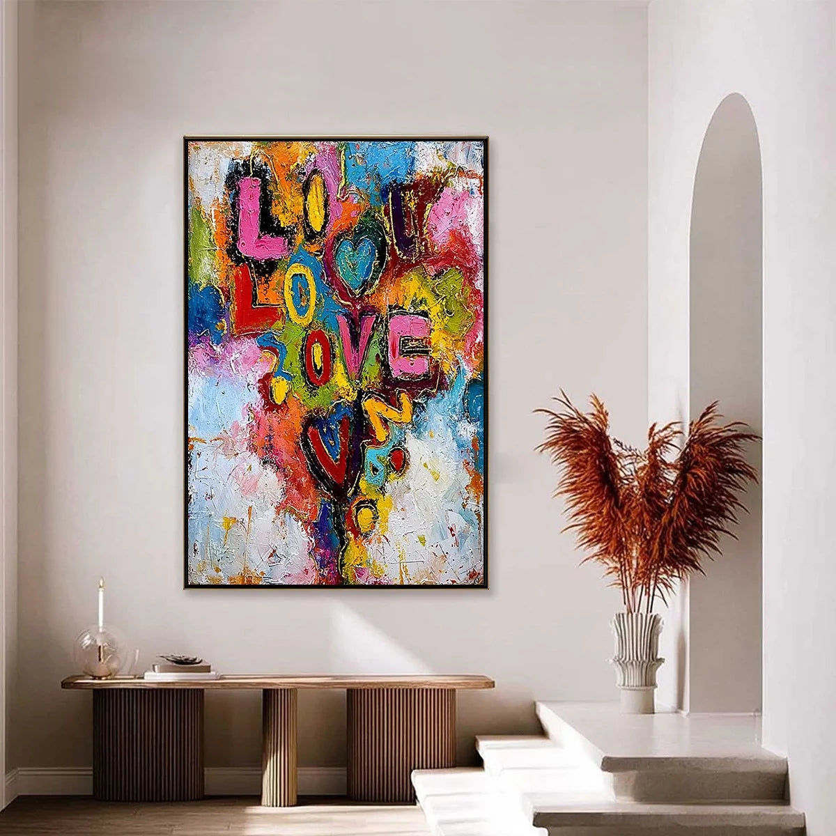 LOVE CASCADE: Colorful Textured Abstract Love Graffiti Wall Art | gold frame stretched on neutral wall