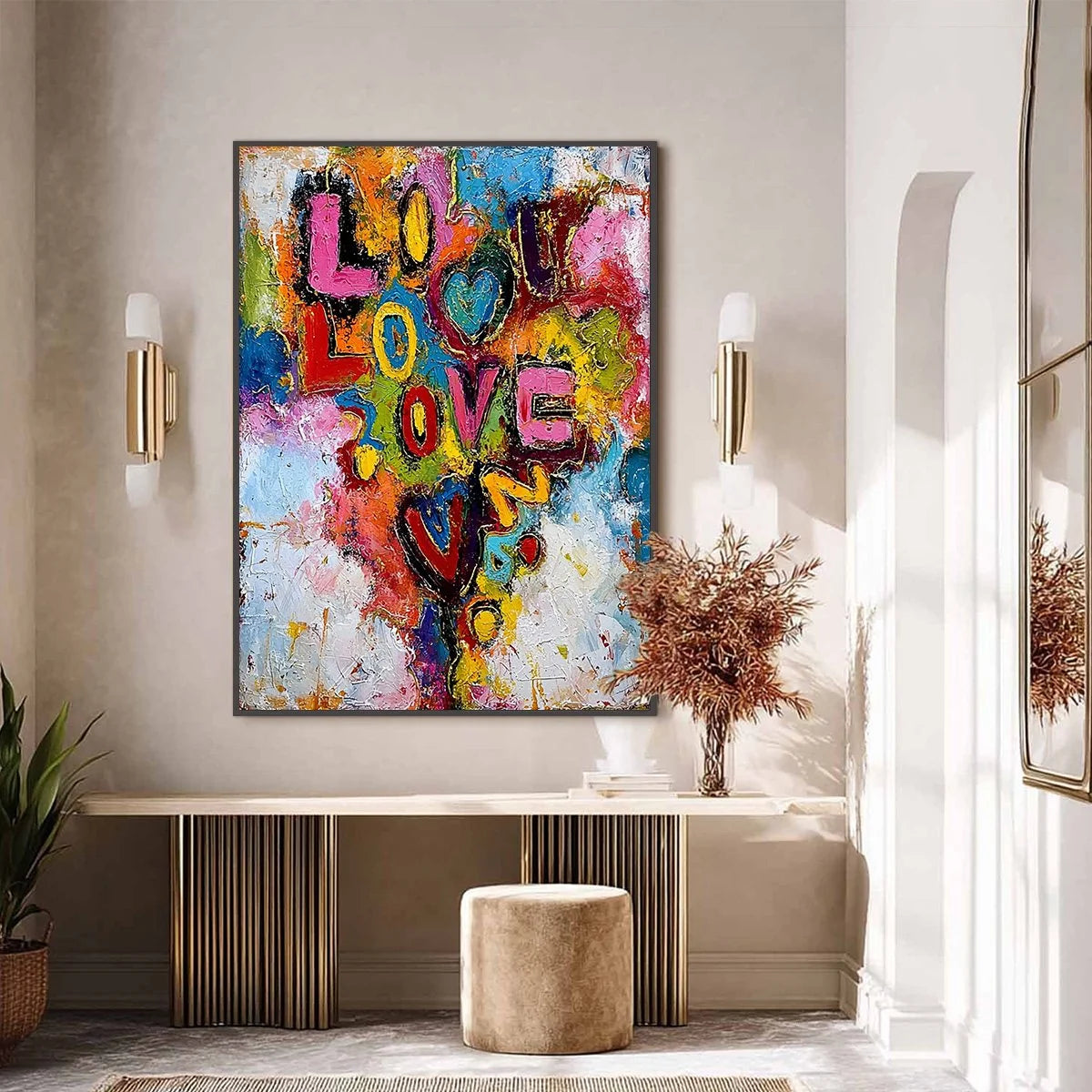 LOVE CASCADE: Colorful Textured Abstract Love Graffiti Wall Art | black frame version on white wall