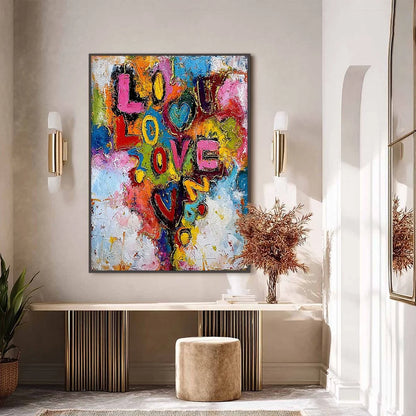 LOVE CASCADE: Colorful Textured Abstract Love Graffiti Wall Art | black frame version on white wall