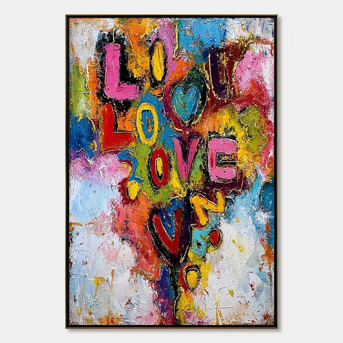 LOVE CASCADE: Colorful Textured Abstract Love Graffiti Wall Art | hanging in living room, Abstract wall art
