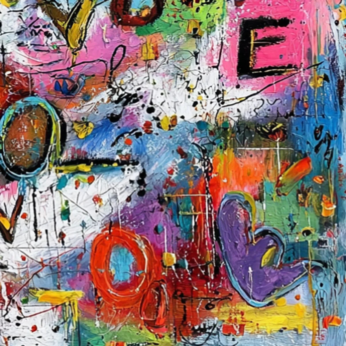 LOVE EXPLOSION: Colorful Abstract Graffiti Style Love Painting | rectangular format, hand-painted canvas edge