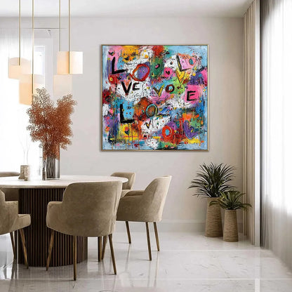 LOVE EXPLOSION: Colorful Abstract Graffiti Style Love Painting | gold frame stretched on neutral wall