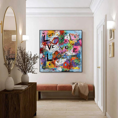 LOVE EXPLOSION: Colorful Abstract Graffiti Style Love Painting | black frame version on white wall