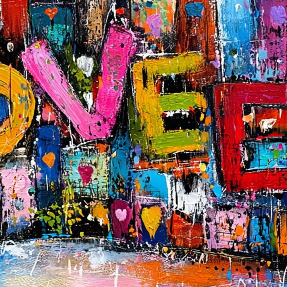 LOVE EXPLOSION: Colorful Abstract Graffiti Style Textured Painting | rectangular format, hand-painted canvas edge
