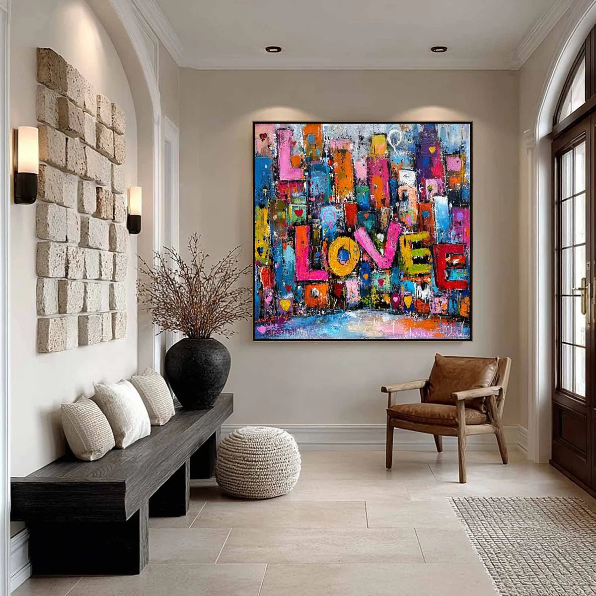 LOVE EXPLOSION: Colorful Abstract Graffiti Style Textured Painting | gold frame stretched on neutral wall