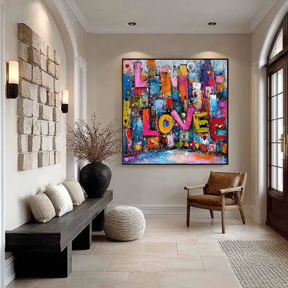 LOVE EXPLOSION: Colorful Abstract Graffiti Style Textured Painting | gold frame stretched on neutral wall
