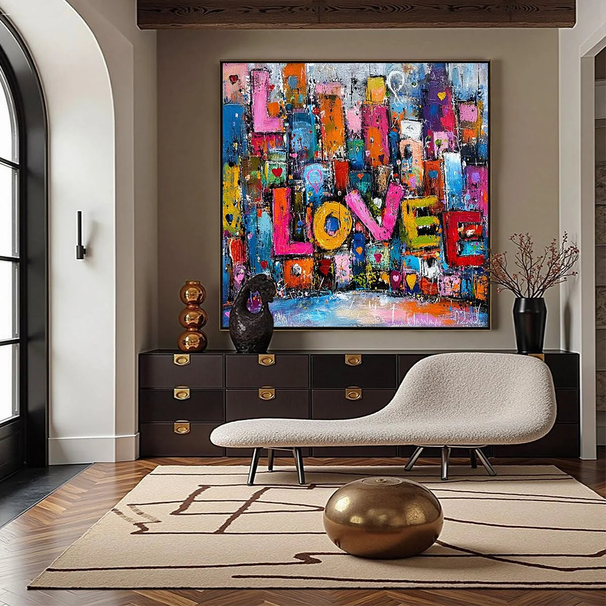 LOVE EXPLOSION: Colorful Abstract Graffiti Style Textured Painting | black frame version on white wall