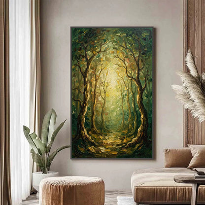 LUMINOUS TRAIL: Textured Impasto Forest Path Oil Painting | Figurative closeup, raised brushwork detail