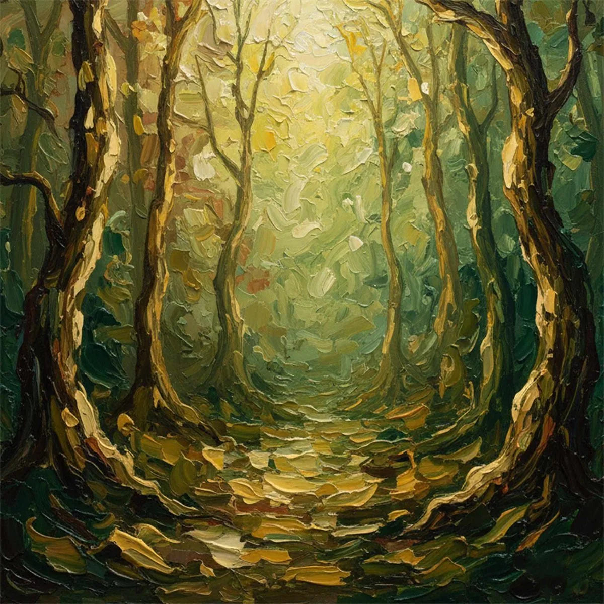 LUMINOUS TRAIL: Textured Impasto Forest Path Oil Painting | rectangular format, hand-painted canvas edge