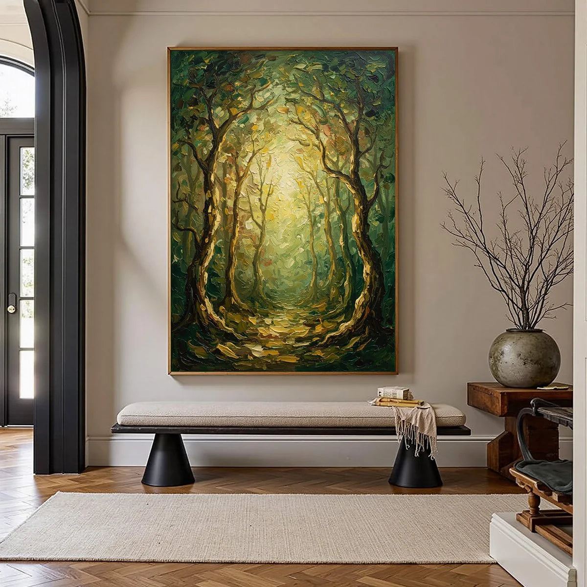 LUMINOUS TRAIL: Textured Impasto Forest Path Oil Painting | gold frame stretched on neutral wall