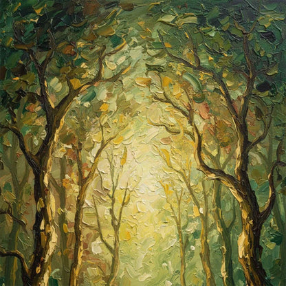 LUMINOUS TRAIL: Textured Impasto Forest Path Oil Painting | rolled canvas, ready for custom framing