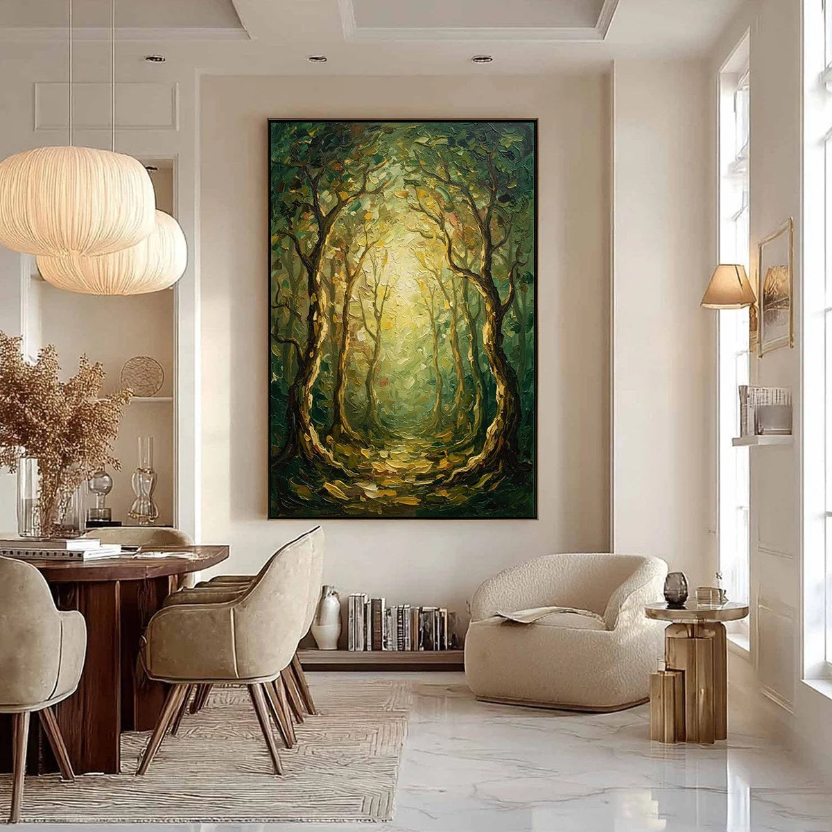 LUMINOUS TRAIL: Textured Impasto Forest Path Oil Painting | black frame version on white wall