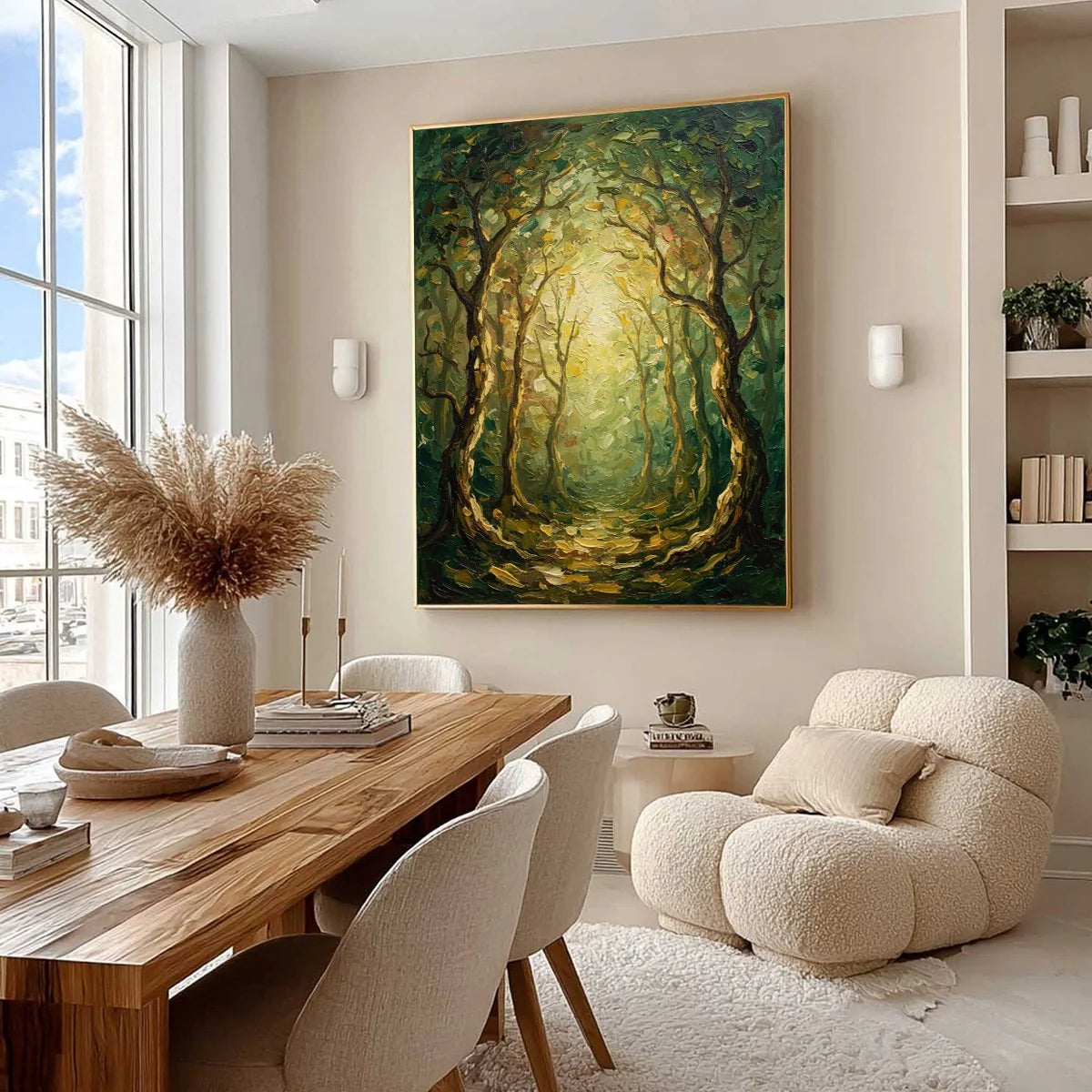 LUMINOUS TRAIL: Textured Impasto Forest Path Oil Painting | Figurative mood, soft natural light studio shot