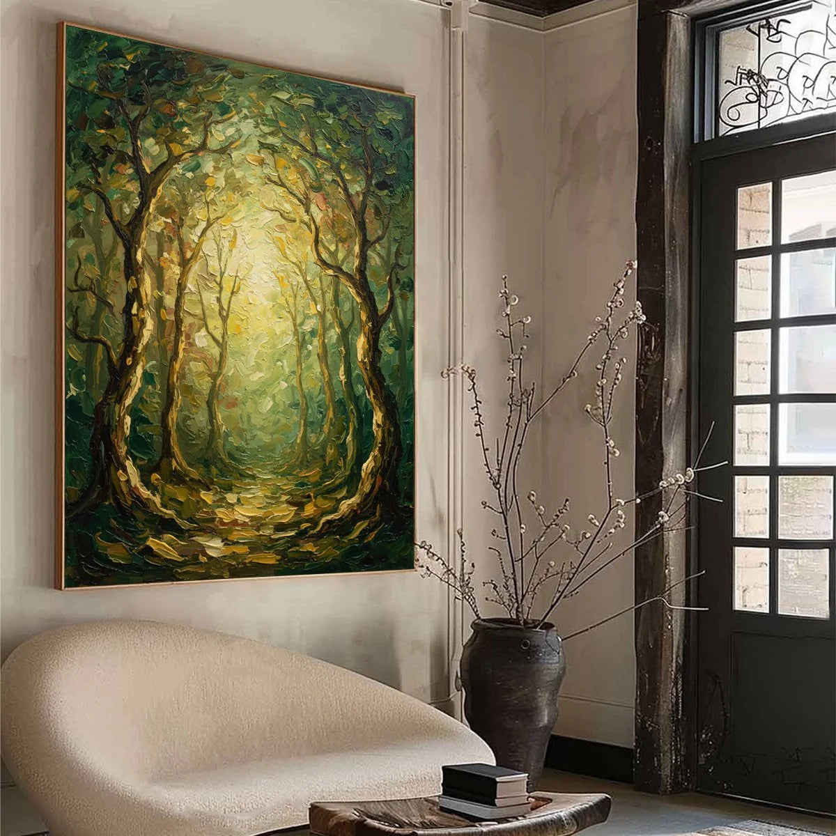 LUMINOUS TRAIL: Textured Impasto Forest Path Oil Painting | green palette, original oil on stretched canvas art