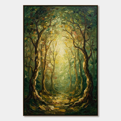 LUMINOUS TRAIL: Textured Impasto Forest Path Oil Painting | hanging in living room, Figurative wall art