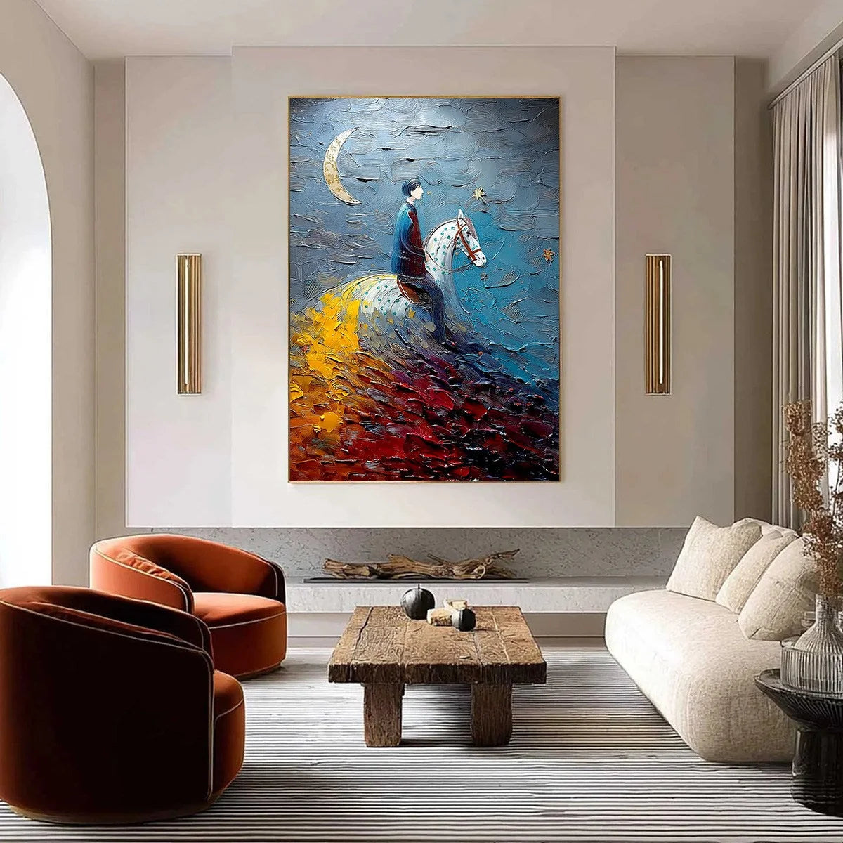 LUNAR JOURNEY: Textured Figurative Painting of a Rider Under the Moon | Figurative closeup, raised brushwork detail