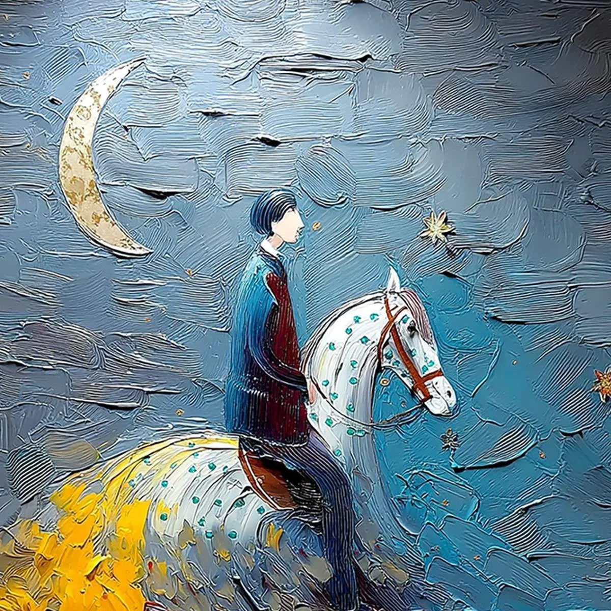 LUNAR JOURNEY: Textured Figurative Painting of a Rider Under the Moon | rectangular format, hand-painted canvas edge