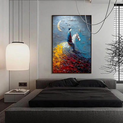 LUNAR JOURNEY: Textured Figurative Painting of a Rider Under the Moon | gold frame stretched on neutral wall