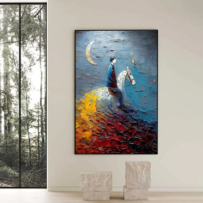 LUNAR JOURNEY: Textured Figurative Painting of a Rider Under the Moon | black frame version on white wall