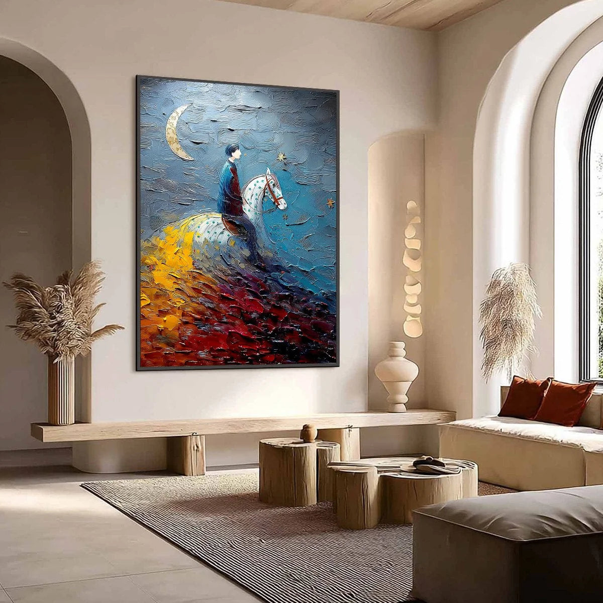 LUNAR JOURNEY: Textured Figurative Painting of a Rider Under the Moon | Figurative mood, soft natural light studio shot