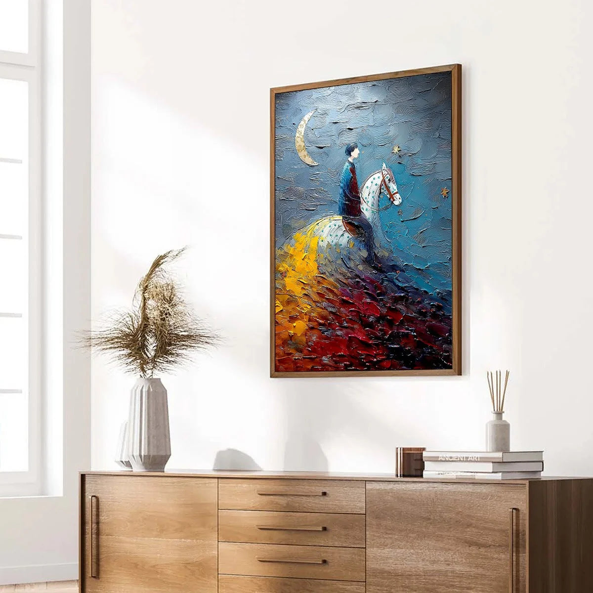 LUNAR JOURNEY: Textured Figurative Painting of a Rider Under the Moon | multi-color palette, original oil on stretched canvas art