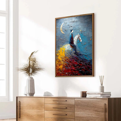 LUNAR JOURNEY: Textured Figurative Painting of a Rider Under the Moon | multi-color palette, original oil on stretched canvas art