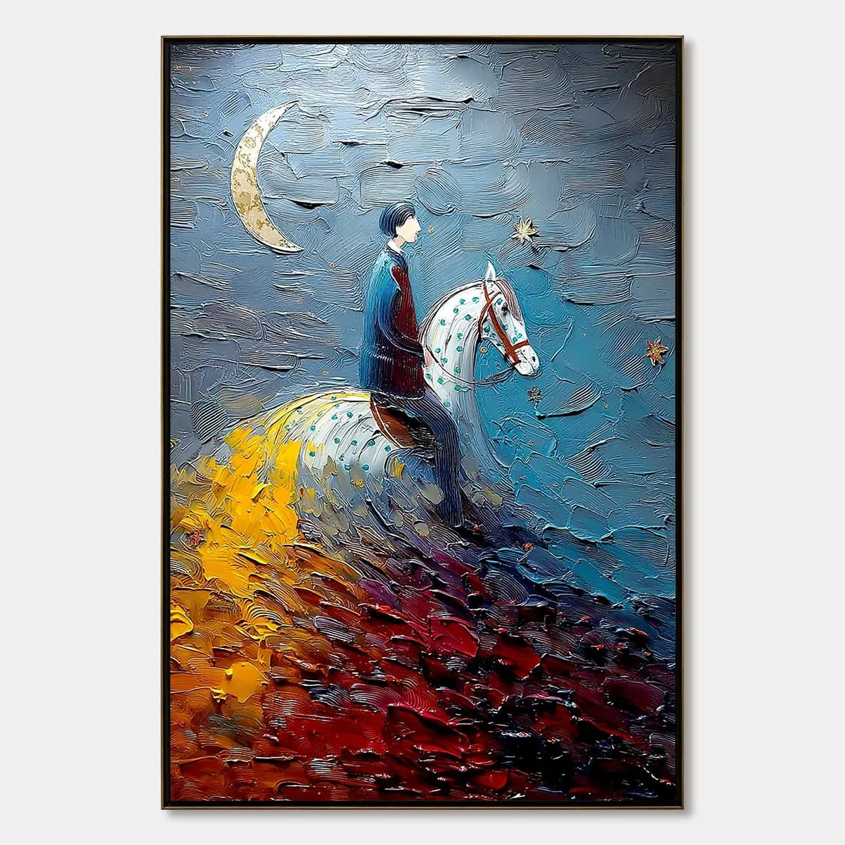 LUNAR JOURNEY: Textured Figurative Painting of a Rider Under the Moon | hanging in living room, Figurative wall art