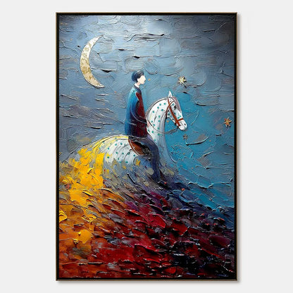 LUNAR JOURNEY: Textured Figurative Painting of a Rider Under the Moon | hanging in living room, Figurative wall art