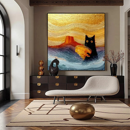 LUNAR THIEF: Whimsical Black Cat Impasto Texture Painting | Abstract closeup, raised brushwork detail